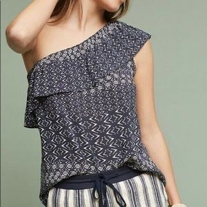 Anthropologie One Shoulder Navy/White Blouse